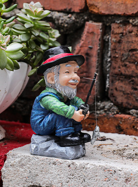 跨境新品带帽钓鱼老爷爷树脂摆件园艺假山盆景鱼缸造景装饰微景观