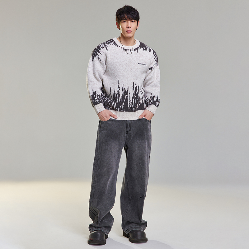 肌肉狗美式潮流毛衣男冬季新款提花纹理圆领套头休闲宽松针织上衣 - 图2