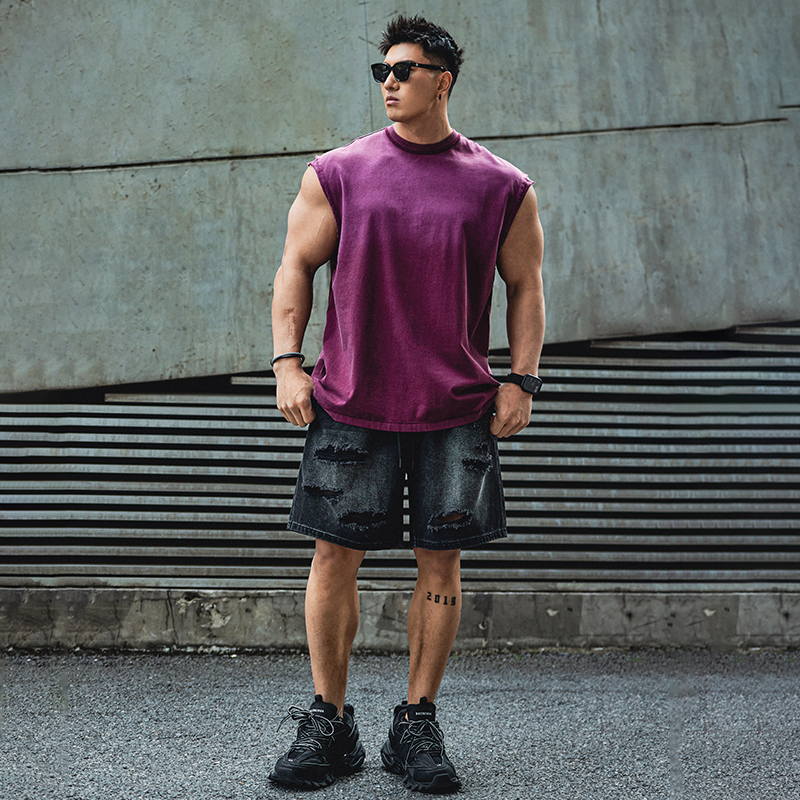 肌肉狗 运动健身背心男宽肩美式渐变夏季洗水复古宽松休闲训练服 - 图1
