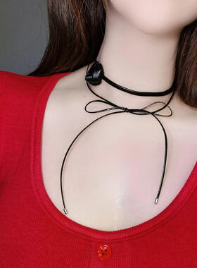 银色黑色蝴蝶结玫瑰项链高级感