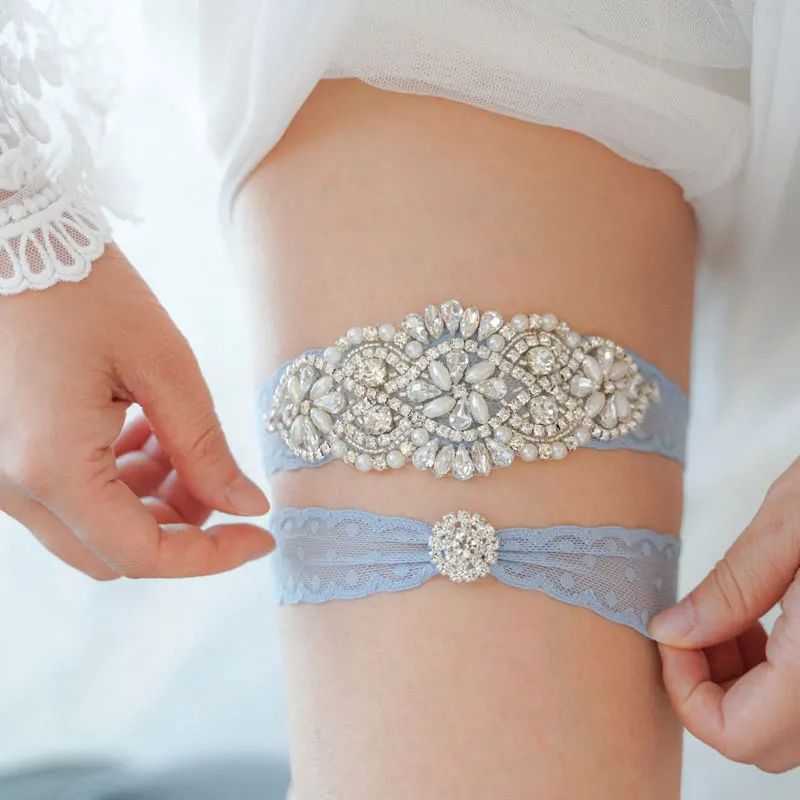 Sexy Bridal Wedding Garter Belt With Diamonds Light Blue Cry - 图1