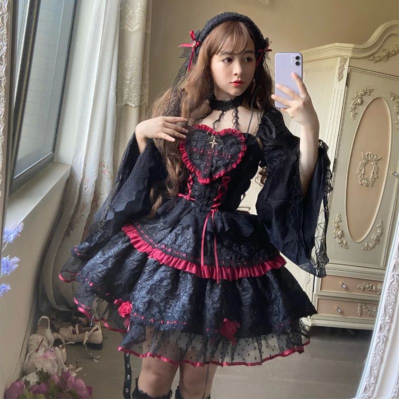 Dark Gothic Lolita Style Dresses Victorian Women Lace Halter-图0