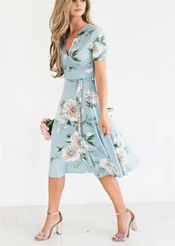 Women Summer Casual Chiffon Dress Boho Midi Flowers Printed - 图2