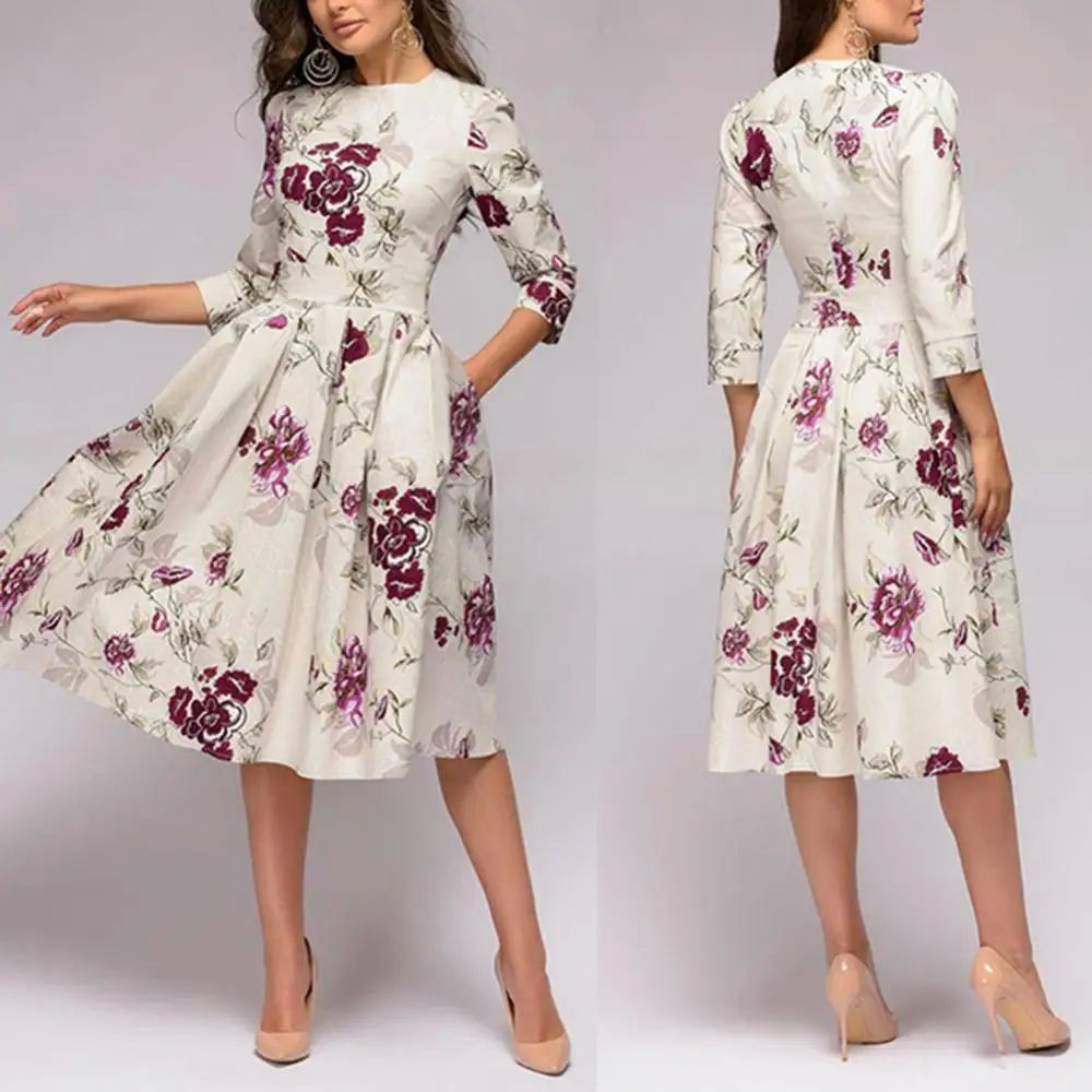 Women Elegant A-line Midi Dress Vintage Printing Party Vesti - 图0