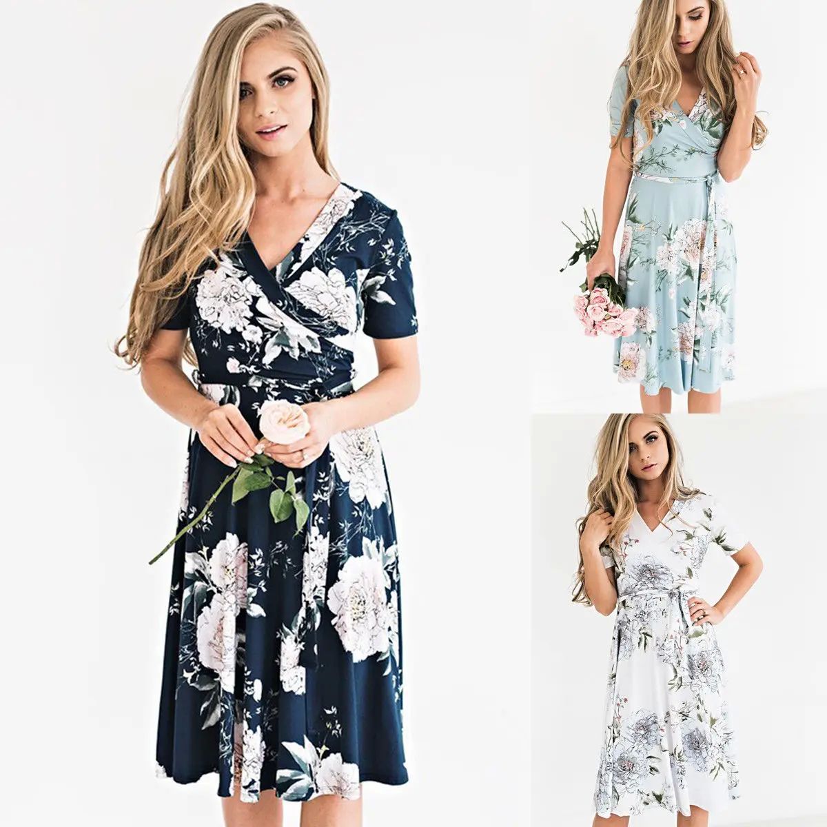 Women Summer Casual Chiffon Dress Boho Midi Flowers Printed - 图1