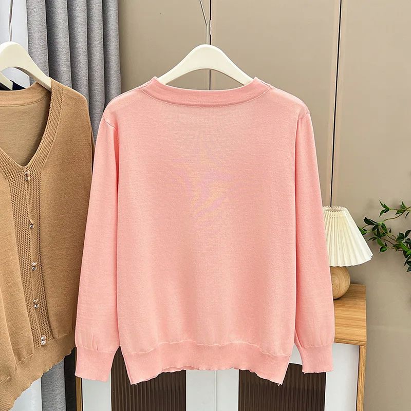 Solid Color Covered Button V-Neck Sweaters Womens Plus Size - 图2