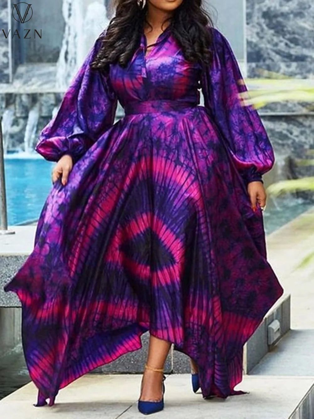 plus size Chiffon High-end V-Neck Full Sleeve Long Dress Ele - 图0