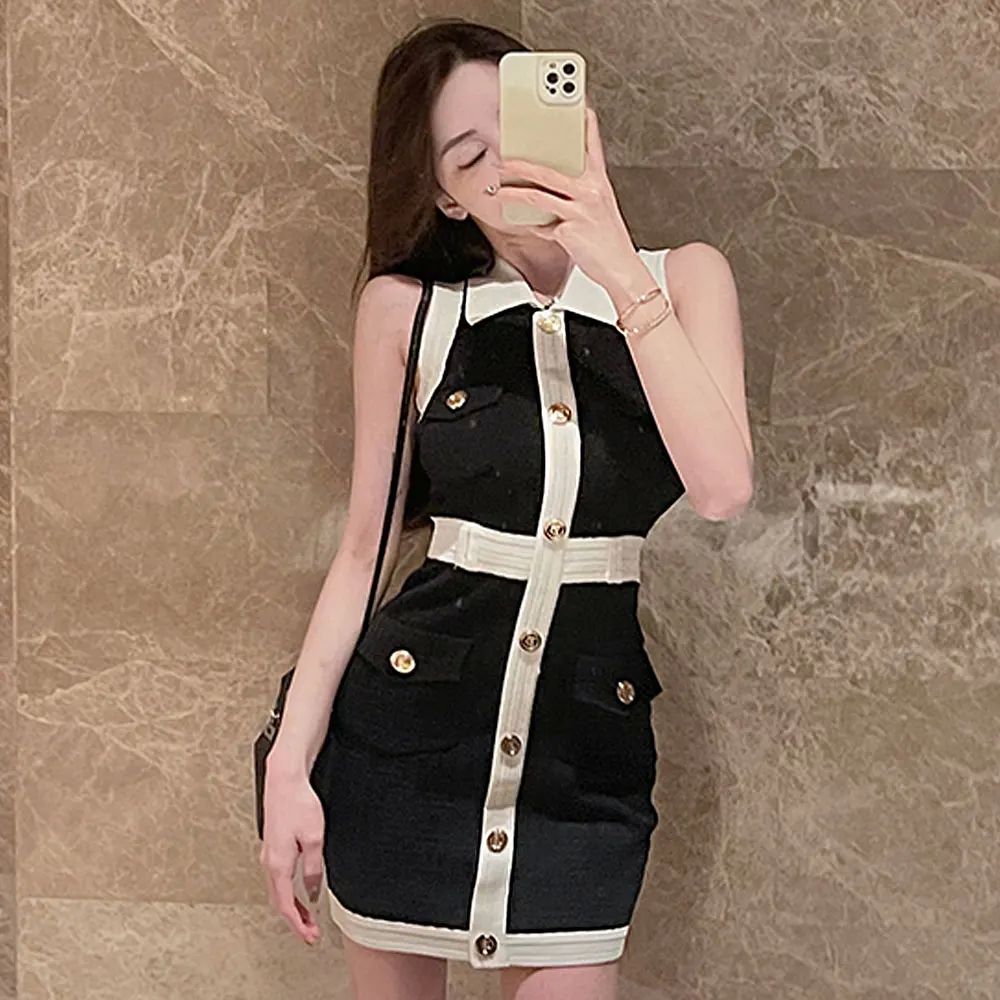 Button-lapel Sleeveless Vest Knitted Short Women Dress Summe - 图3