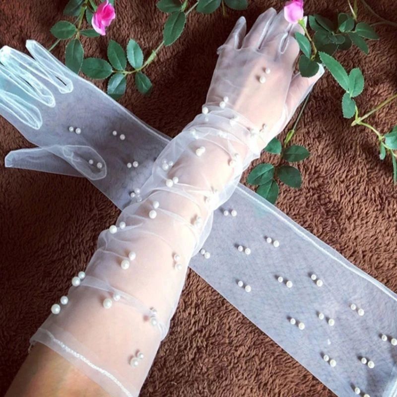 Vintage Transparent Wedding Gloves Pearls Long Elbow Mittens - 图2