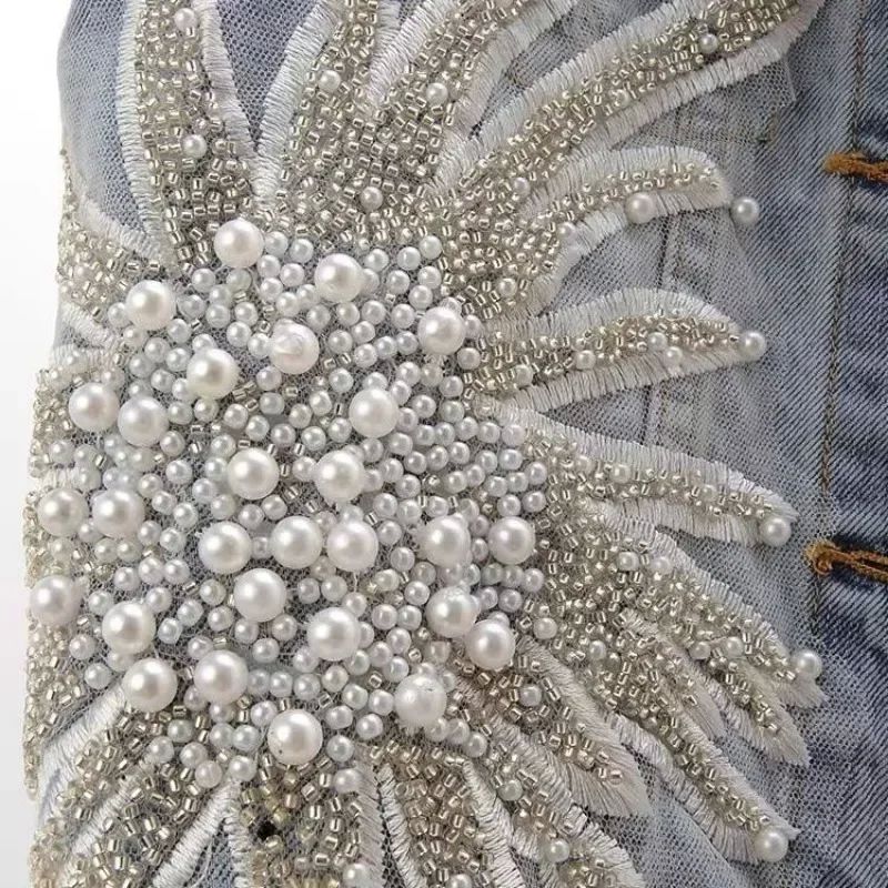 fashion Lace Beaded Denim Vest Women Cardigan 2024 New sprin - 图2