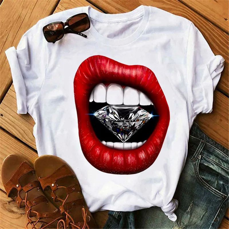 Maycaur Women‘s Diamond Lip Graphic T Shirt Fashion Female - 图3