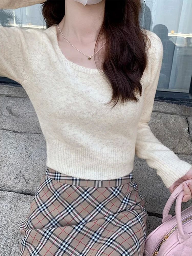 Women Crop Knit Sweater New Knitted Sweater Pullover Long Sl - 图1