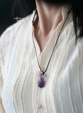 巴西紫水晶紫色长款原矿项链吊坠