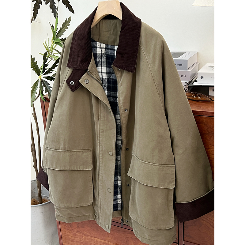 巴恩风撞色灯芯绒翻领棉服女宽松工装风加厚外套韩版保暖棉衣冬款 - 图3