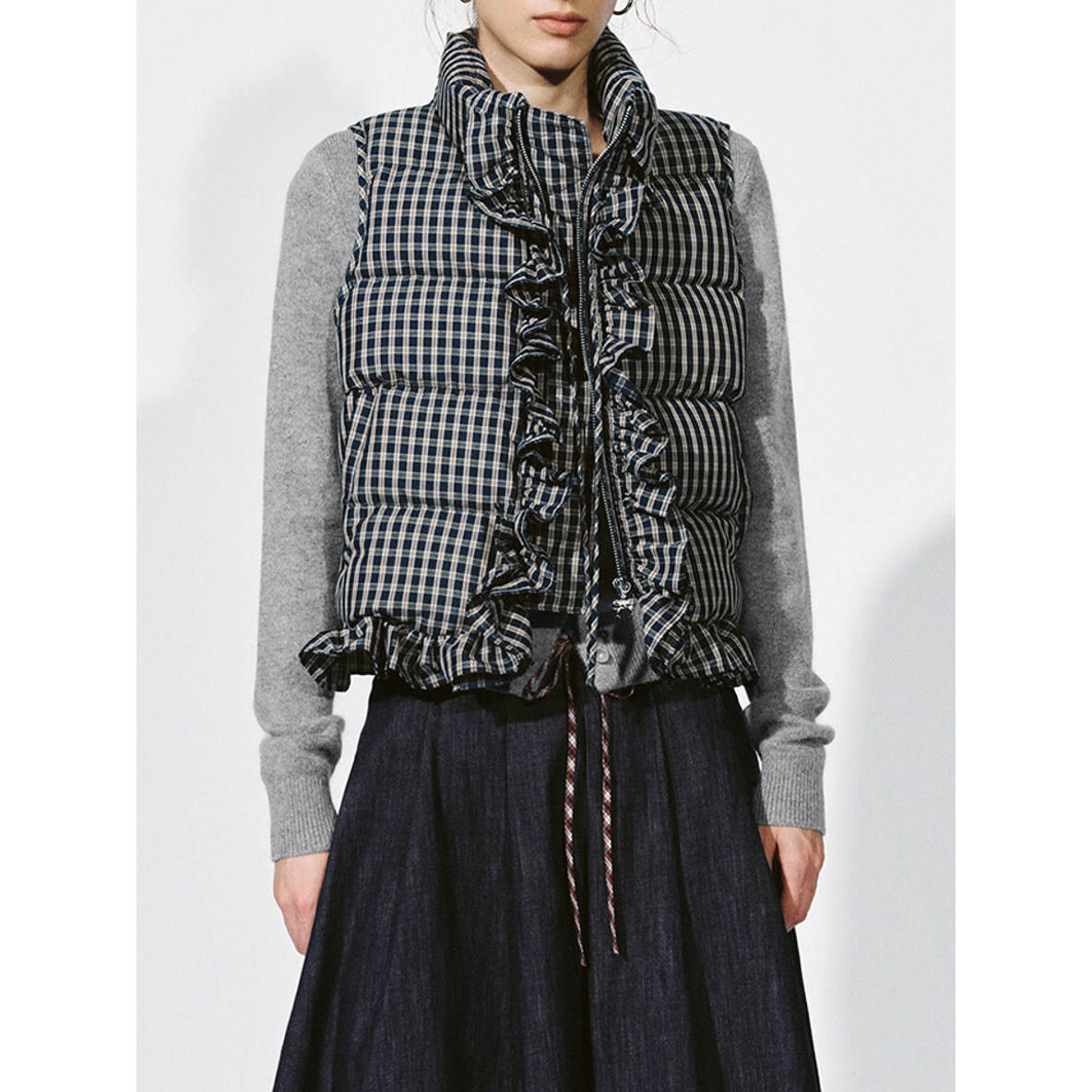 UR&DC2026春季新款甜美风减龄立领系带格纹荷叶边棉服女短款外套,淘宝优惠券,粉丝福利购,淘宝优惠卷