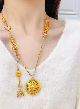金包银可回收花丝八宝罗盘吊坠项链五帝钱小财神莲花流苏毛衣链
