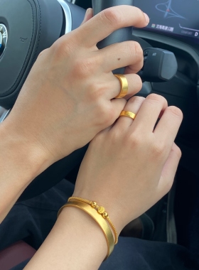 金包银古法宽面戒指女四方平安指环情侣磨砂素圈对戒送男女友礼物