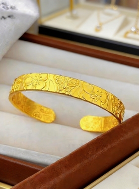 金包银古法蝶恋花手镯女款新中式古法錾刻宽面镯子复古宫廷风手饰