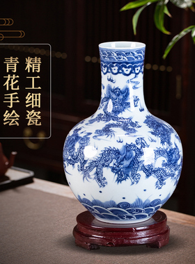 景德镇陶瓷中式小号花瓶手绘龙纹家居客厅书房中式装饰品仿古摆件