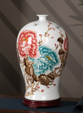 景德镇陶瓷手绘花瓶花开富贵石榴瓶客厅博古架酒柜中式装饰品摆件