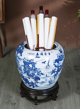 百子闹春高端中式书画卷轴缸景德镇陶瓷客厅书房字画缸收纳桶摆件