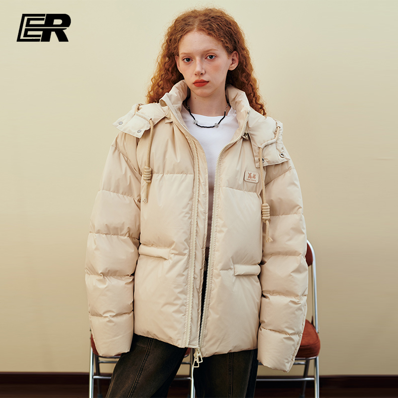 【王栎鑫同款】ER抽绳连帽新年红羽绒服男女潮牌宽松90白鸭绒外套