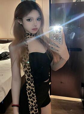时尚豹纹细长条窄丝巾女百搭装饰小领巾长款腰带发带绑包丝带飘带
