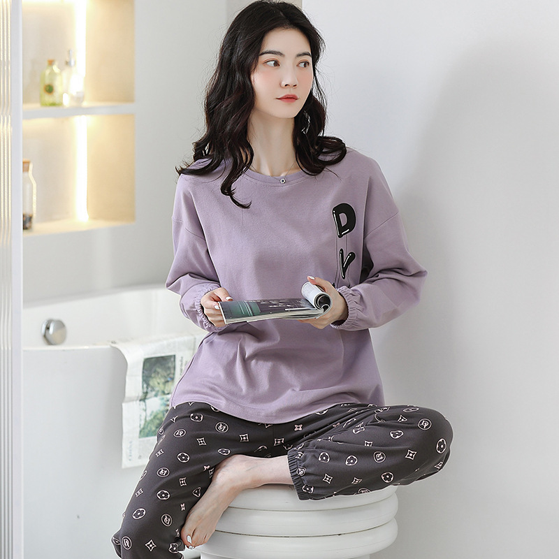 2022春秋季女士睡衣纯棉长袖套头居家韩版时尚休闲简约家居服套装