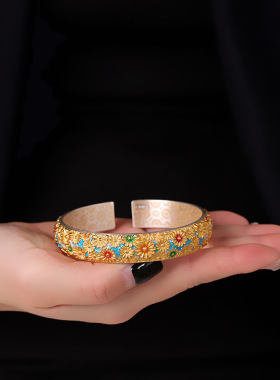 人品银品足银999烧蓝菊花手镯开口菊有幽芳德馨自远民族风银镯子