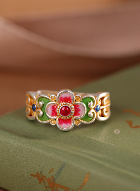 人品银品时尚国潮手饰足银999描金珐琅花心戒指开口女士气质指环