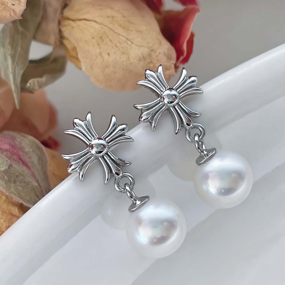 天然淡水珍珠强光圆珠耳钉经典简约纯银耳饰时尚十字架明星款耳环,淘宝优惠券,粉丝福利购,淘宝优惠卷