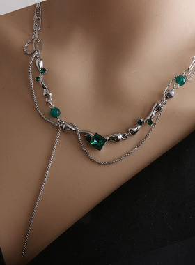 绿色宝石串珠锁骨链爱心短款项链