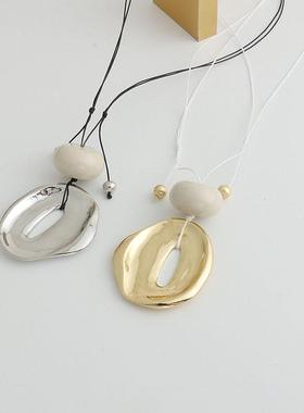 几何不对称吊坠毛衣链抽拉绳项链