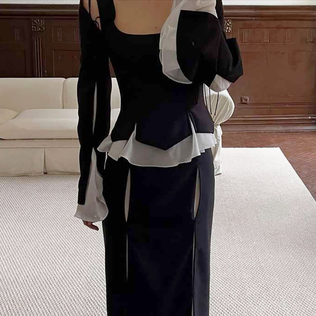 KLIOU fashion ins black and white contrast stitching hollow lace long-sleeved T-shirt women's design niche slimming top