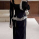 KLIOU fashion ins black and white contrast stitching hollow lace long-sleeved T-shirt women's design niche slimming top
