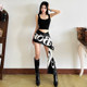 KLIOU fashionable and personalized design, black and white contrasting letter print, one-piece slimming, high-waisted and versatile belt, trendy