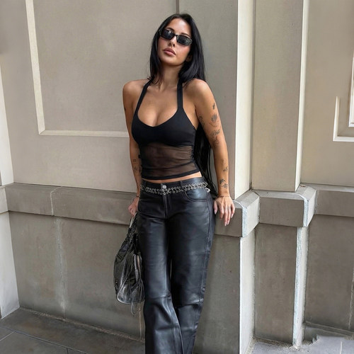 KLIOU 欧美ins透视网纱拼接挂脖系带背心女时尚显瘦修身辣妹上衣 - 图0