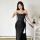 KLIOU fishing style sister style design ribbon tube top dress for women retro slimming pinch waist hip long skirt trendy