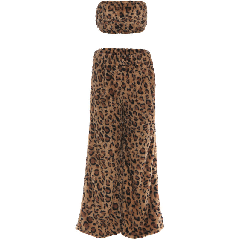 KLIOU 时髦精复古个性毛绒豹纹套装短款抹胸背心显瘦高腰休闲长裤,淘宝优惠券,粉丝福利购,淘宝优惠卷