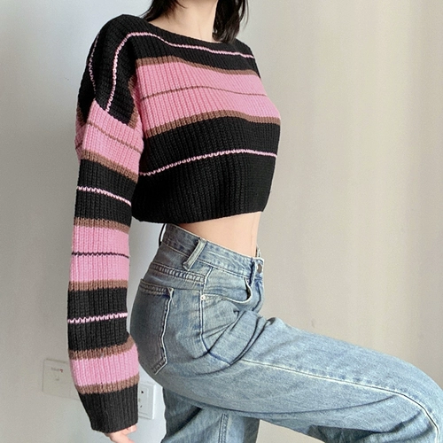 Ретро розовый трикотажный короткий свитер, оверсайз, свободный крой, круглый воротник