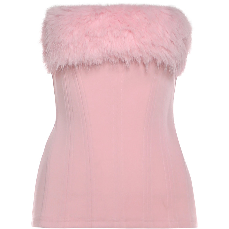 KLIOU 减龄甜辣妹设计感毛毛拼接抹胸背心带袖套修身显瘦上衣 女,淘宝优惠券,粉丝福利购,淘宝优惠卷