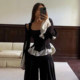 KLIOU fashion ins black and white contrast stitching hollow lace long-sleeved T-shirt women's design niche slimming top