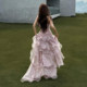 KLIOU romantic and super fairy atmosphere lotus pink tube top dress for women with layered slit and slimming hot girl long skirt