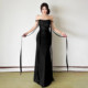 KLIOU fishing style sister style design ribbon tube top dress for women retro slimming pinch waist hip long skirt trendy