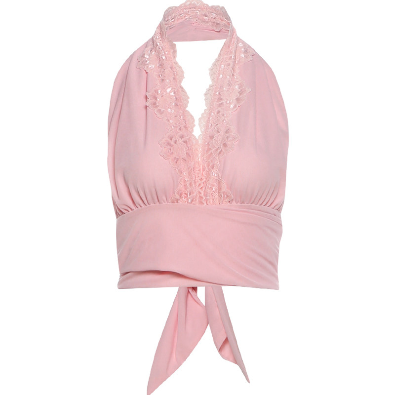 KLIOU 甜美少女感减龄粉色挂脖无袖背心女蕾丝拼接显瘦露背短上衣,淘宝优惠券,粉丝福利购,淘宝优惠卷