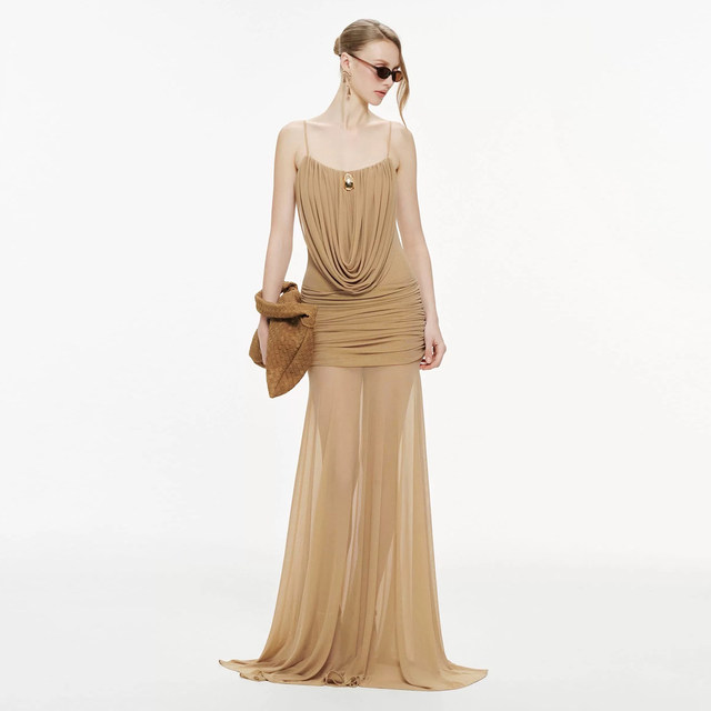 KLIOU lazy atmosphere temperament retro suspender dress women's design slightly see-through pleated slim long skirt trendy