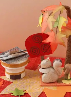 「京都和风」日本制 和紙手工 秋の公园 松鼠 季節の和紙置物摆件