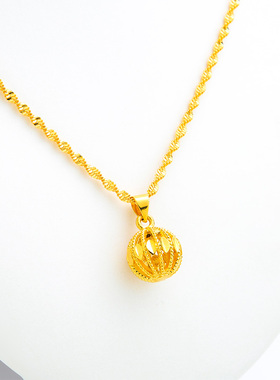 18k黄金色项链女款999真金色玲珑绣球轻奢镂空转运珠金项链