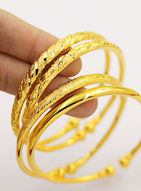 18K黄金色实心手镯女款满天星开口999真金色单圈不掉色金手镯