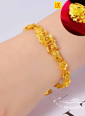 18k黄金色手链女款 玫瑰花香港免税999真金花朵